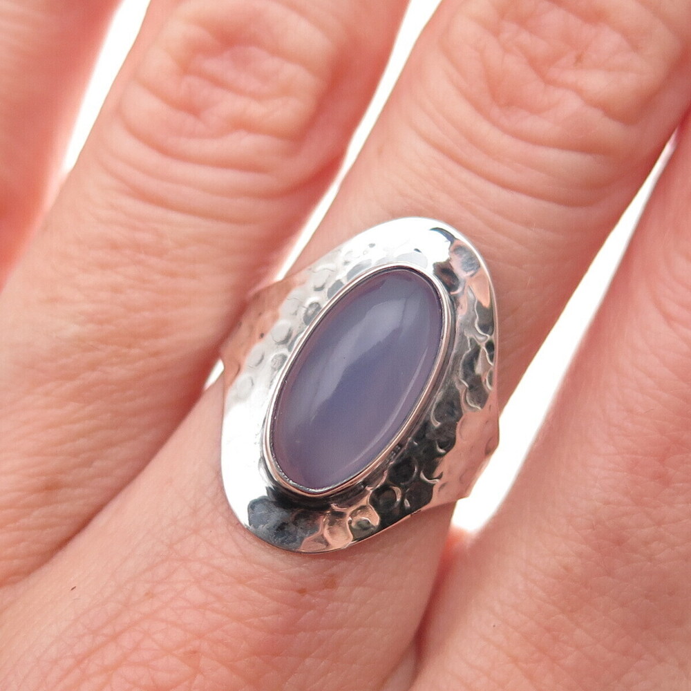 830 Silver Vintage Real Lavender Chalcedony Modernist Hammered Ring Size 6.5